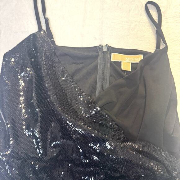 Michael Kors Sequin Matte Jersey Sleeveless Faux Wrap Mini Black Dress Sz XL New - Picture 4 of 16